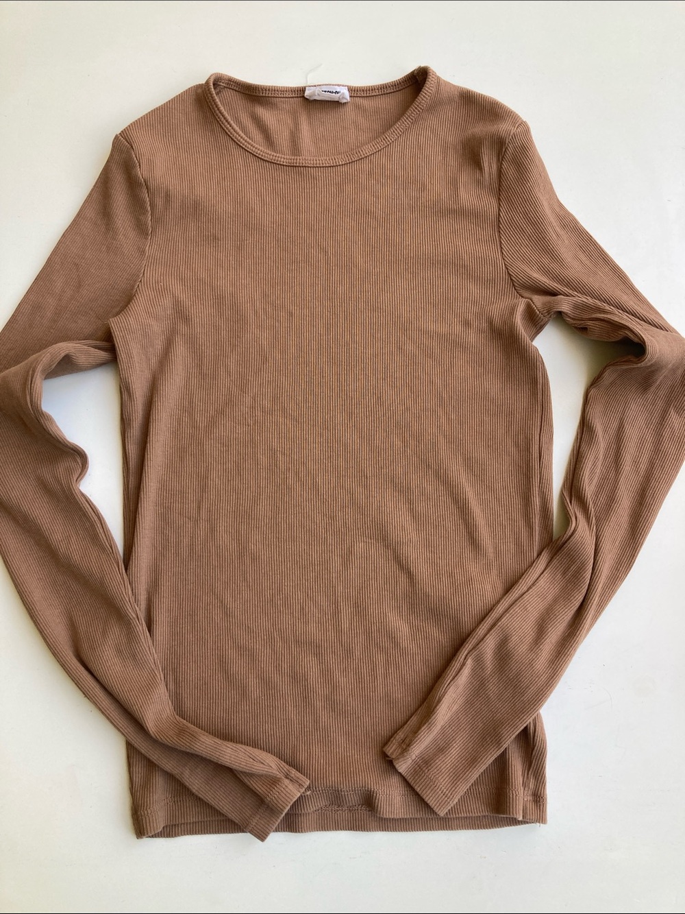 Cotton On Tan Brown Ribbed Long Sleeve Crewneck Top Women’s Knit Shirt